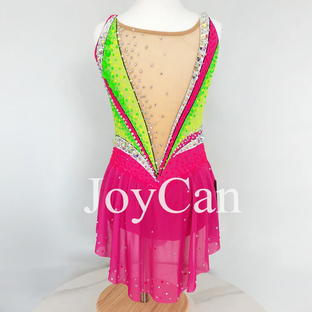 JoyCan-فستان التزلج على الجليد للفتيات ، سبانديكس ، شبكة مطاطية ، أحمر ، ملابس الرقص المنافسة ، حسب الطلب