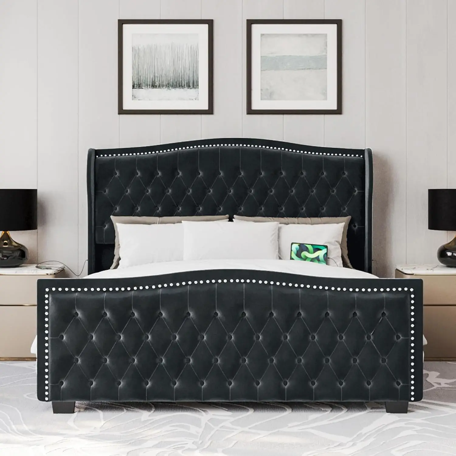 

King Headboard Bed Frame with Fast Charging Port, Upholstered Platform Bed Frame with Handmade Button Tufted Headboard