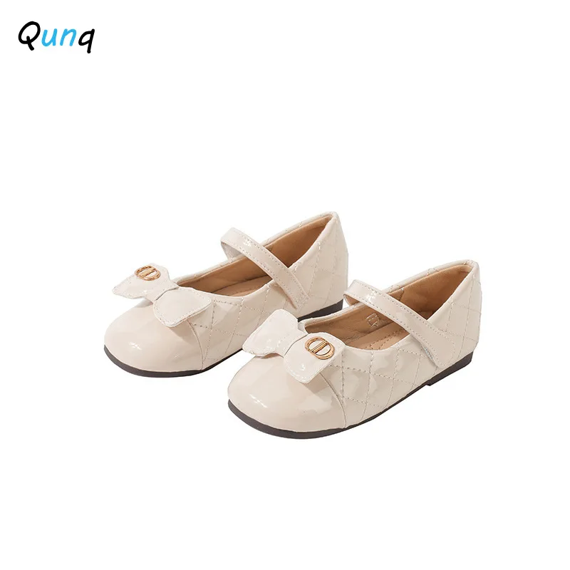 Qunq 2023 Spring and Autumn New Fashion Elegant Solid Color Girl Bow Soft Sole Girl Princess Leather Shoes crocs kids shoes