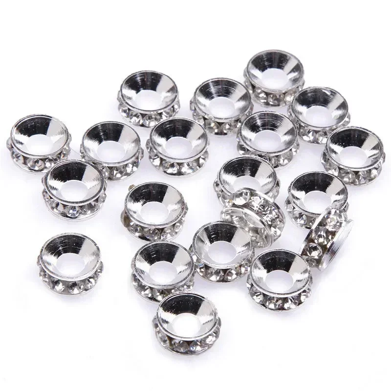 20pcs Metal Rondelle Rhinestone Crystal Spacer Beads 10mm Big Hole European Charms Fit DIY Bracelet Jewelry