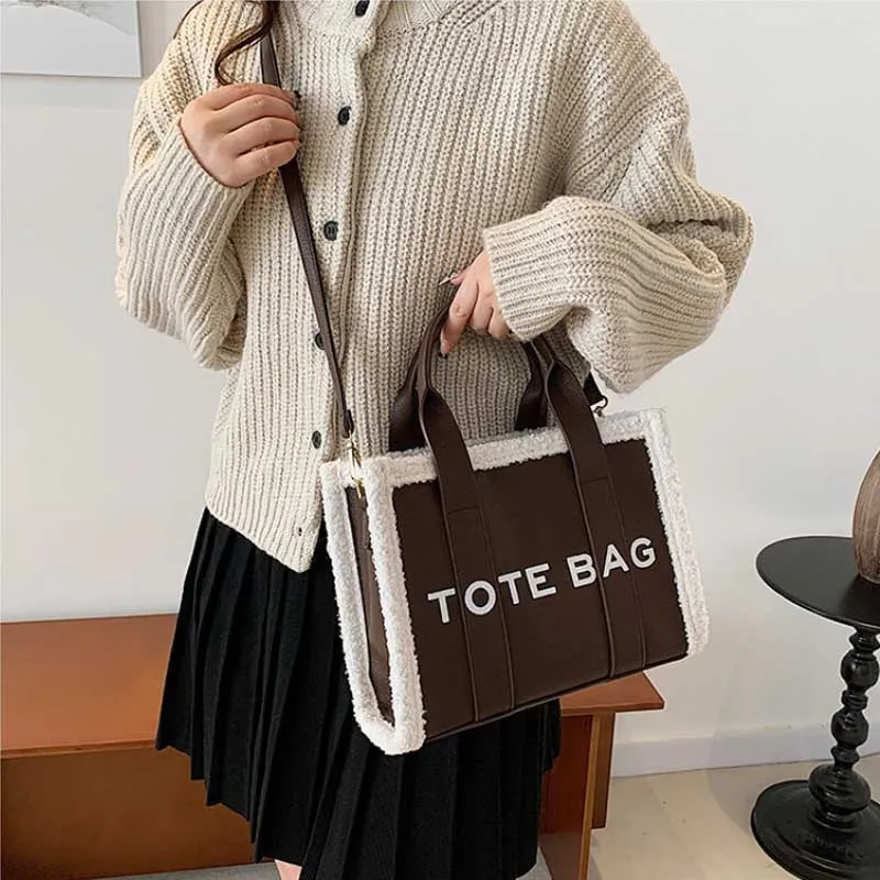 Square with Rough Edges Bag Solid Color Quilted Letter Print Crossbody Bag Casual Plush Detail Zippered Handbag Ideal Outings