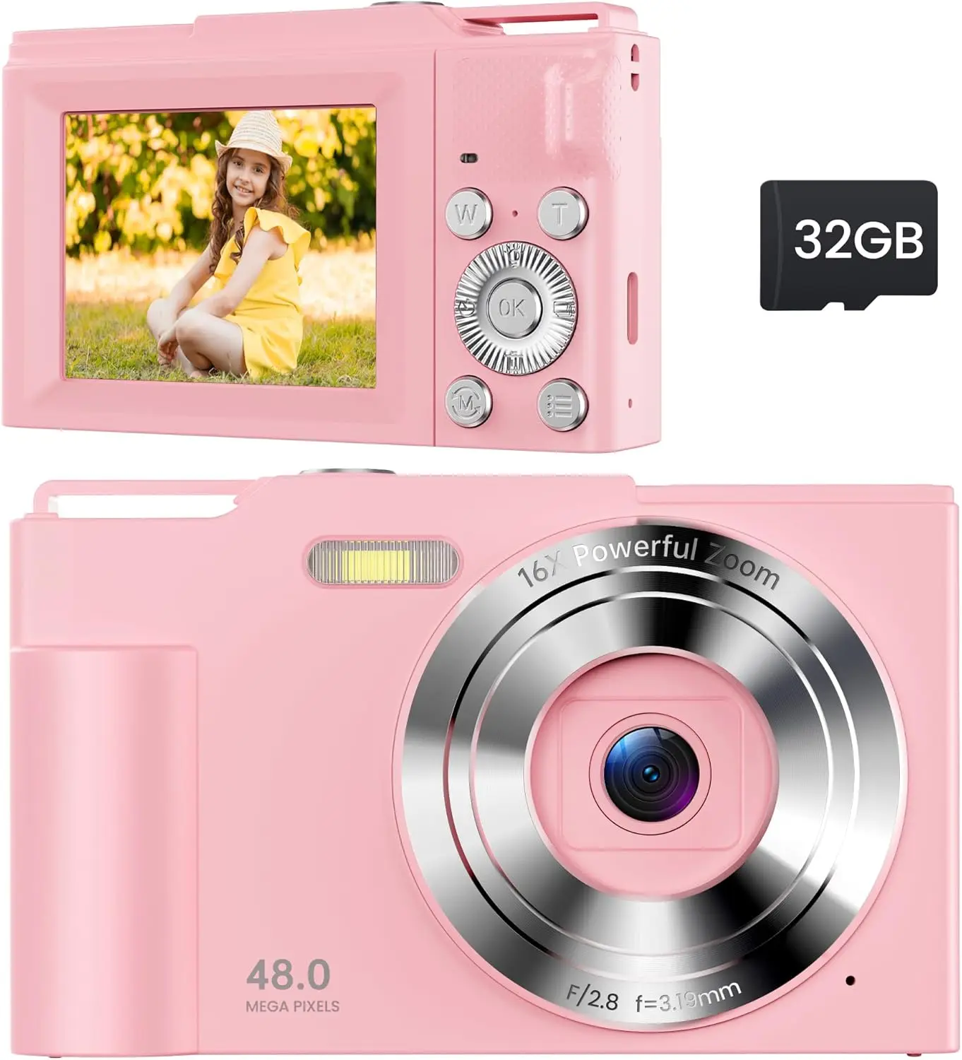 

Kids Digital Camera with 16X Zoom - Pink Compact Camera for Ages 6-13, Perfect Christmas Birthday Gift for Girls