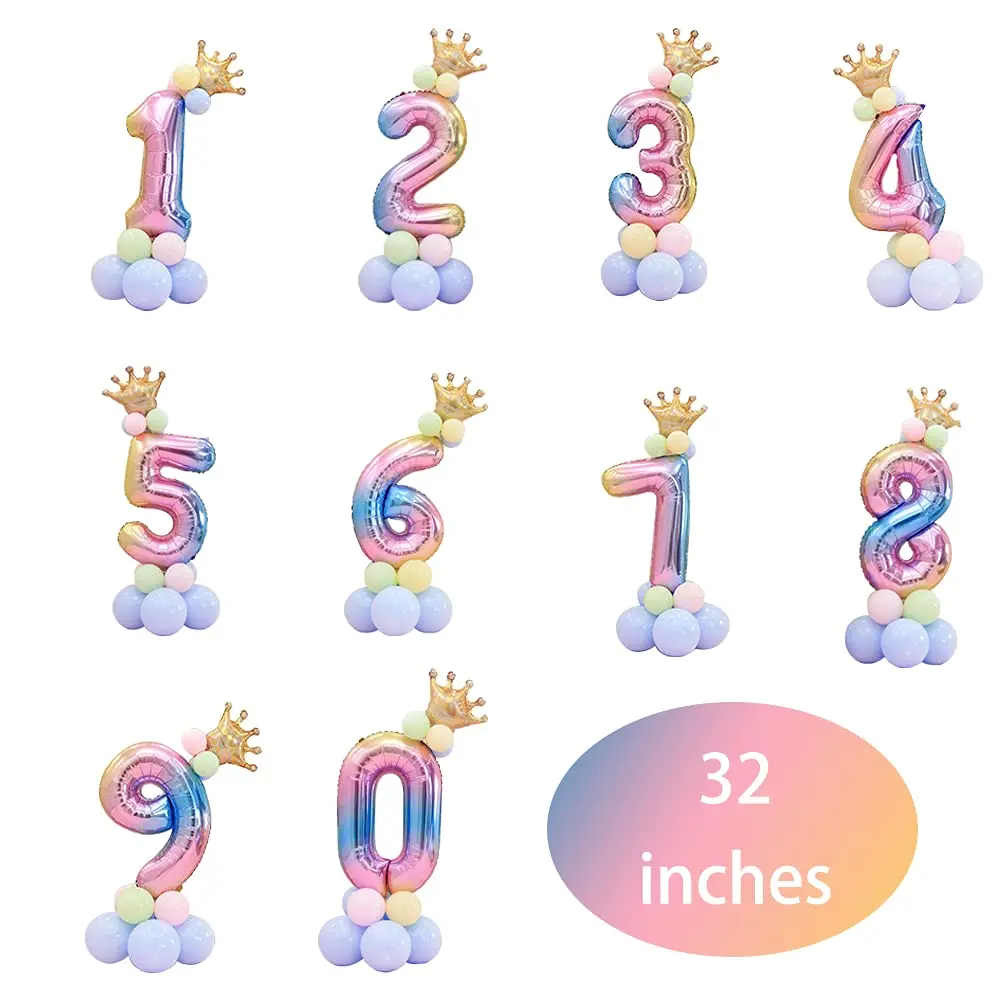 14 Pcs Gradient Rainbow 32 Inch Foil Birthday Balloons Number Balloons 0-9 Birthday Party Decorations Kids Baby Shower Balloons