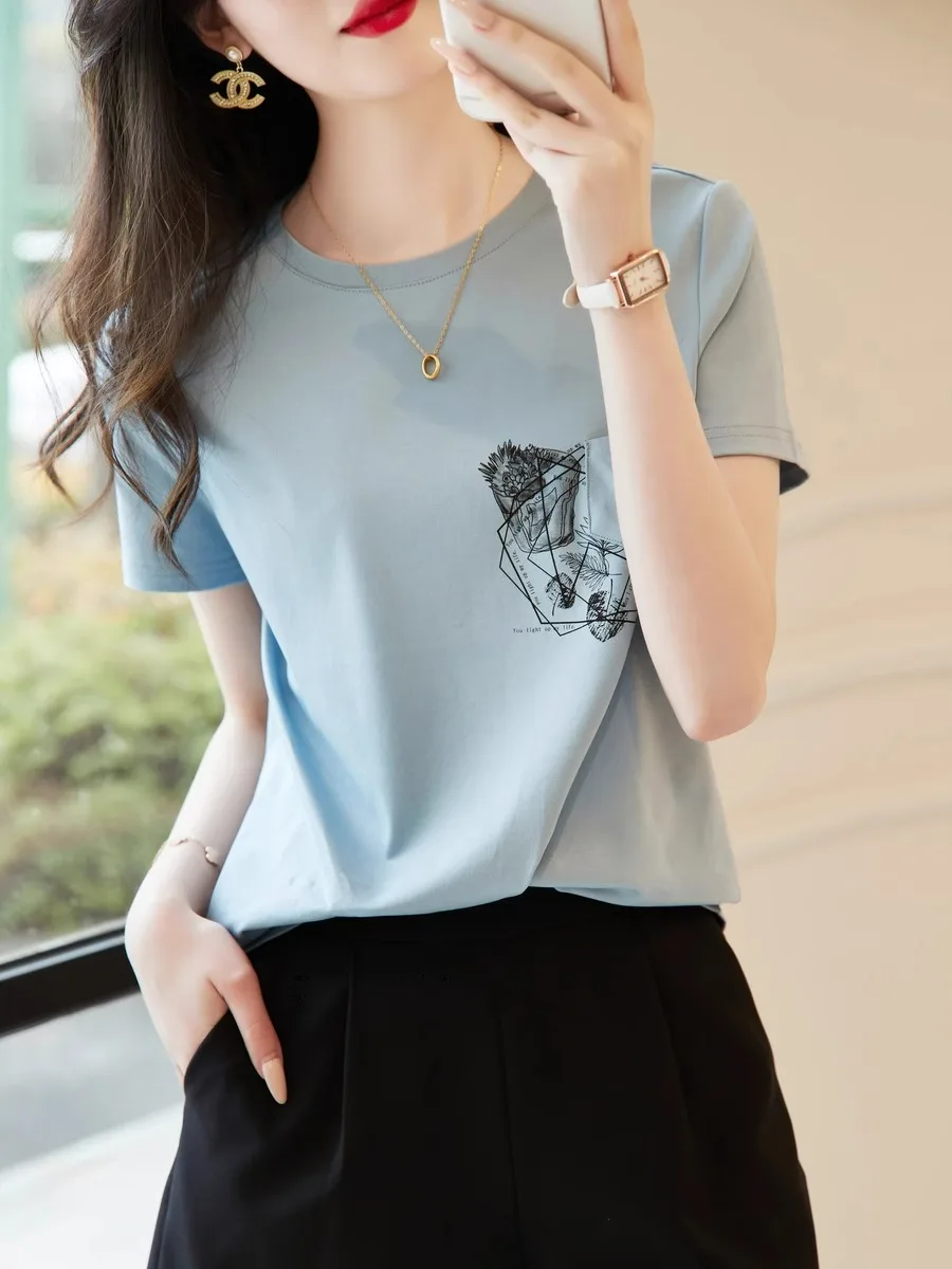 

Женская хлопковая футболка свободного кроя с круглым вырезом и коротким рукавом, летняя, модная, с принтом, в корейском стиле, для повседневной носки, базовая.