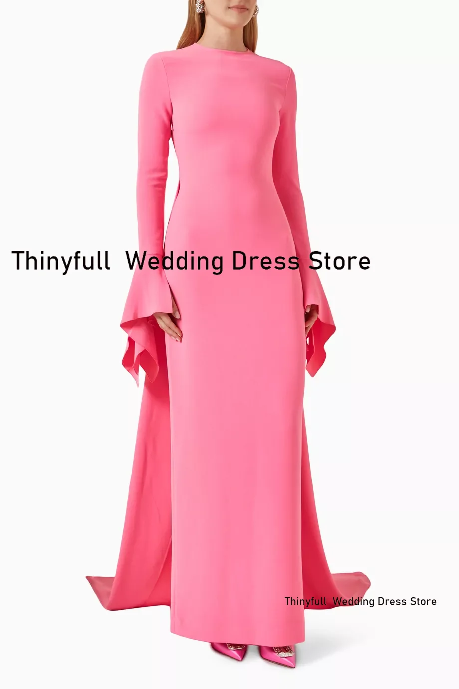 Thinyfull Mermaid Satin Saudi Arabia Prom Dresses O-neck Long Sleeves Evening Party Gown Outfit Dubai Formal Occasion Dress