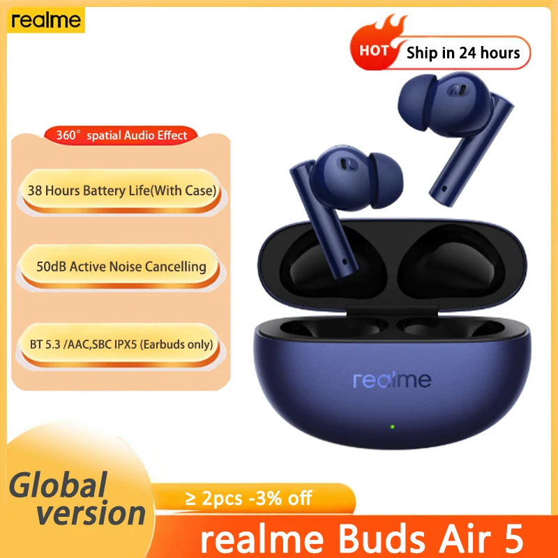 النسخة العالمية Realme Buds Air 5 TWS سماعة 50dB نشط إلغاء الضوضاء صحيح لاسلكي IPX5 مقاوم للماء سماعة بلوتوث 5.3