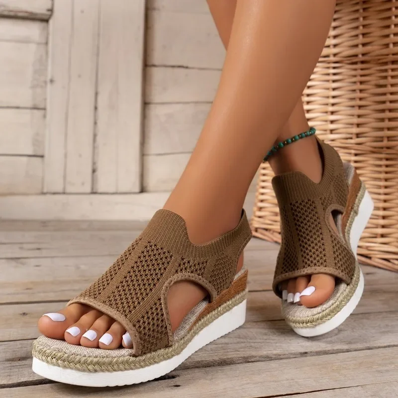 2024 Womens Summer New Fashion Open Toe Mesh Breathable Womens Shoes Outdoor Casual Simple Solid Color Womens Sandals Large Size