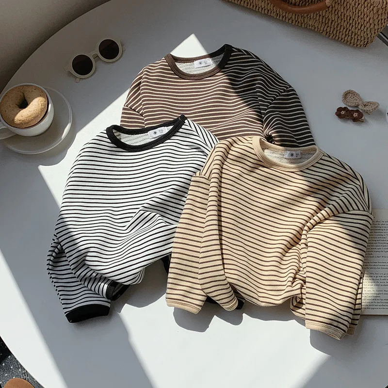 

TT-shirt Children's Long Sleeve Mori Style Vintage Stripe Neutral Boys and Girls Loose Top Spring and Autumn Long Sleeve Fashion