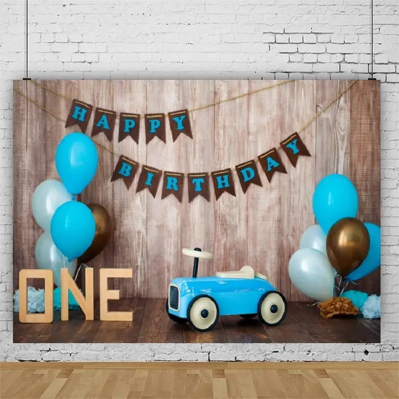 Car Balloon Flags Blue Theme Portrait Photography Backdrop One Year Birthday Party Photo Background Vinyl Photocall  Booth Props