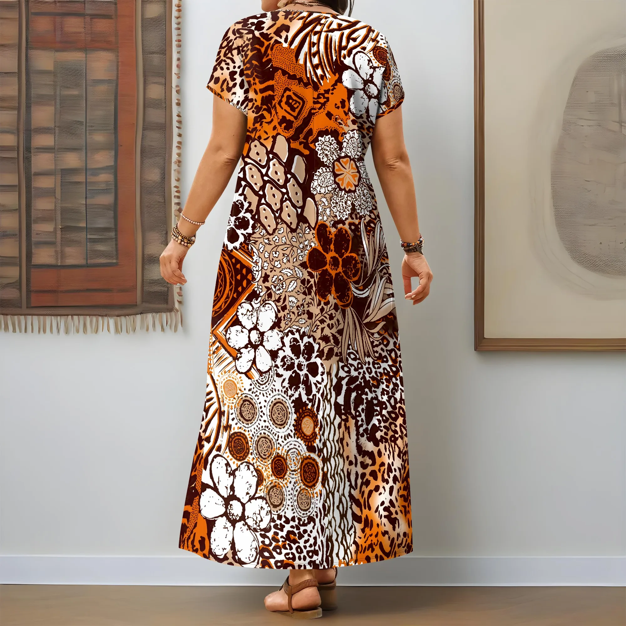 Nupusa Abito lungo da donna Boho con stampa floreale patchwork con scollo a V, vestibilità ampia, manica corta