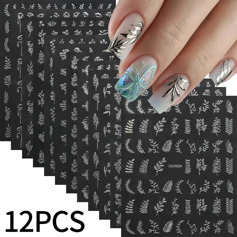 12PCS 3D Metallic Fiore & Erba Nail Art Stickers Abbronzante Foglia Floreale Cursori Decalcomanie Autoadesive FAI DA TE Estate Manicure adesivo