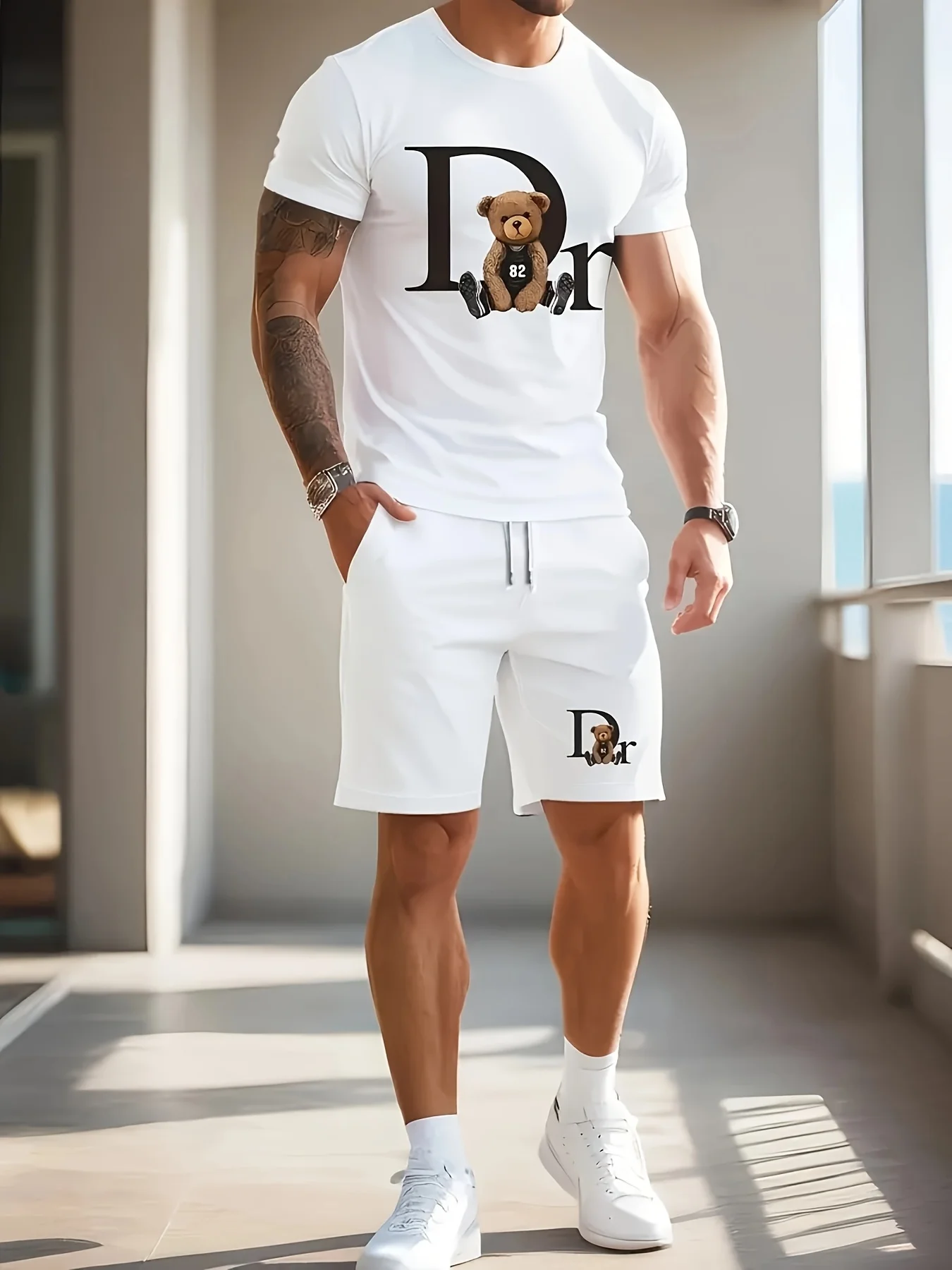 

Мужская летняя повседневная футболка с медведем и шортами, комплект городской уличной моды, спортивные шорты с короткими рукавами на открытом воздухе, модный бренд с 3D принтом