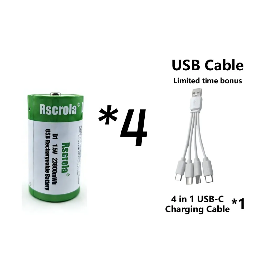 1.5V 23800mWh D-cel batterijen Oplaadbare D-batterijen met oplaadkabel voor gasfornuis, waterverwarmer, zaklamp, radio, gereedschap, speelgoed