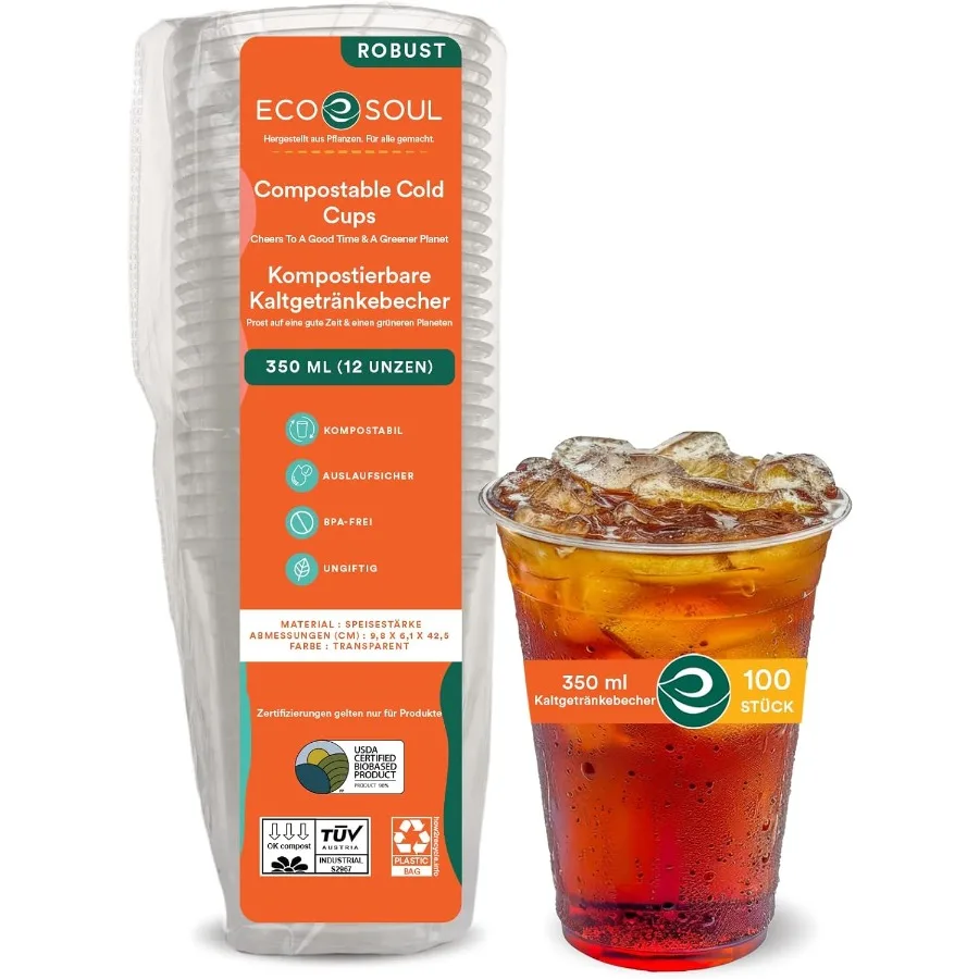 100 vasos de fiesta transparentes y compostables, 100 unidades, 12 oz, desechables, biodegradables, basados en plantas, ecológicas, alternativa a papel y Plast