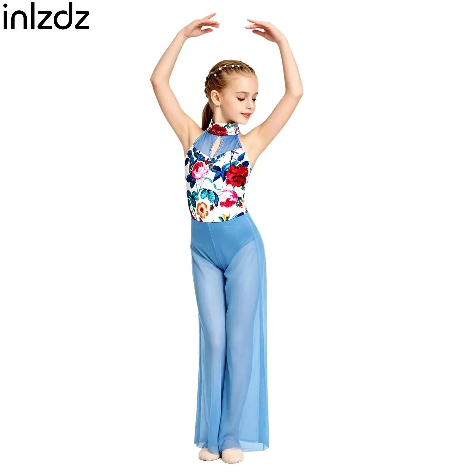 

Sparkly Rhinestone Halter Gymnastics Jumpsuit for Girls Sleeveless Liturgical Dancewear for Lyrical Dance Stage Performance
