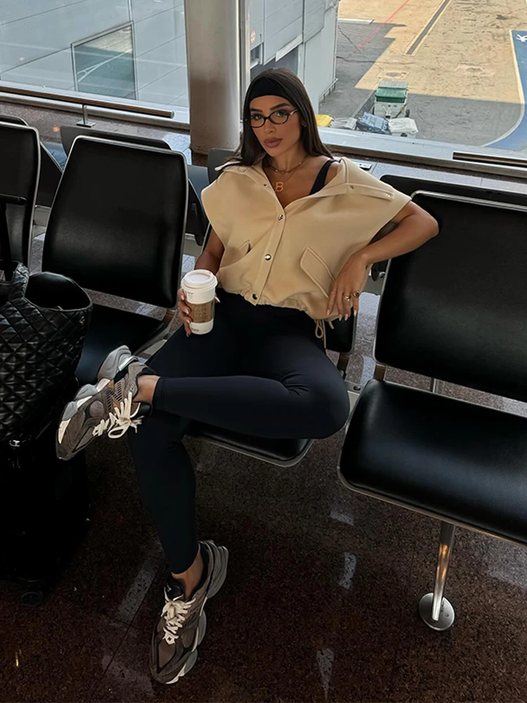 

New In Jacket and Coat Turn-down Collar Sleeveless Backless Single Breasted Pocket Waistcoat Fashion Autumn Basic Lady Outerwear