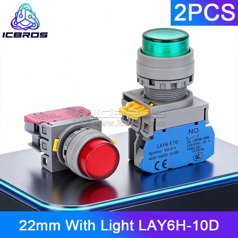 

2 шт. кнопочный переключатель со светом LAY6H-10D, светодиодный самоблокирующийся с высоким напором, самосброс, Jog Start, 22 мм, красный, зеленый