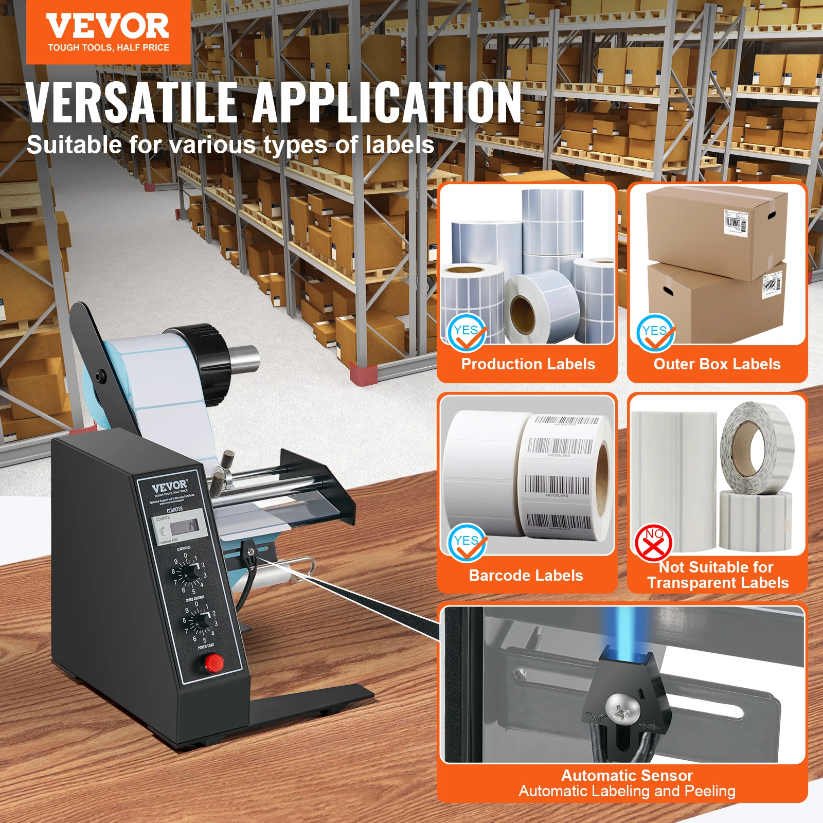 VEVOR LDL-30 Automatic Label Dispenser Speed Adjustable Label Applicator Counting 0-99999 Auto Label Stripper Separating Machine