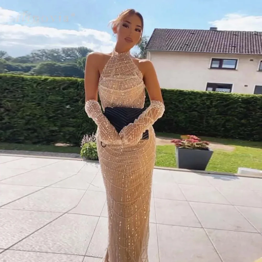 Halter Luxury Arabic Evening Dress 2024 For Women Mermaid Pearls With Gloves Elegant Formal Prom Occasion Wedding Party Gowns