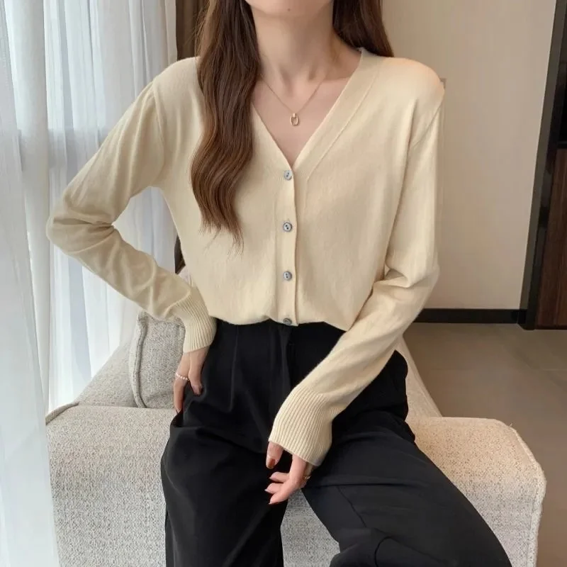 2025 Cotton Line Long Sleeve V-Neck Knitted Cardigan Women Loose Short Solid Color Simple Sun Protection Tops
