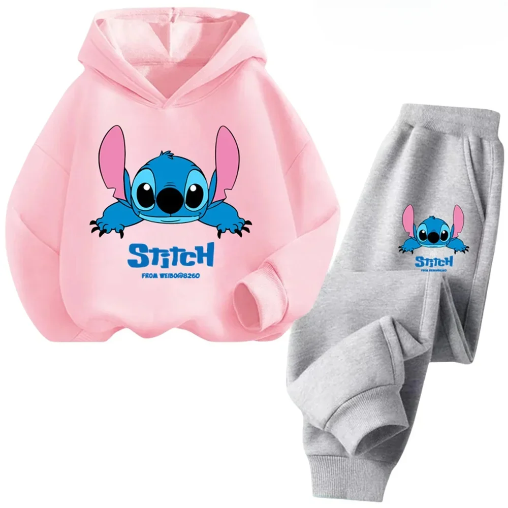 2024 Disney Stitch Cartoon Children Hoodie + Pants 2pcs Set Spring Autumn Fashion Clothing Boys Girls Sweatshirt Kid Sportsuit