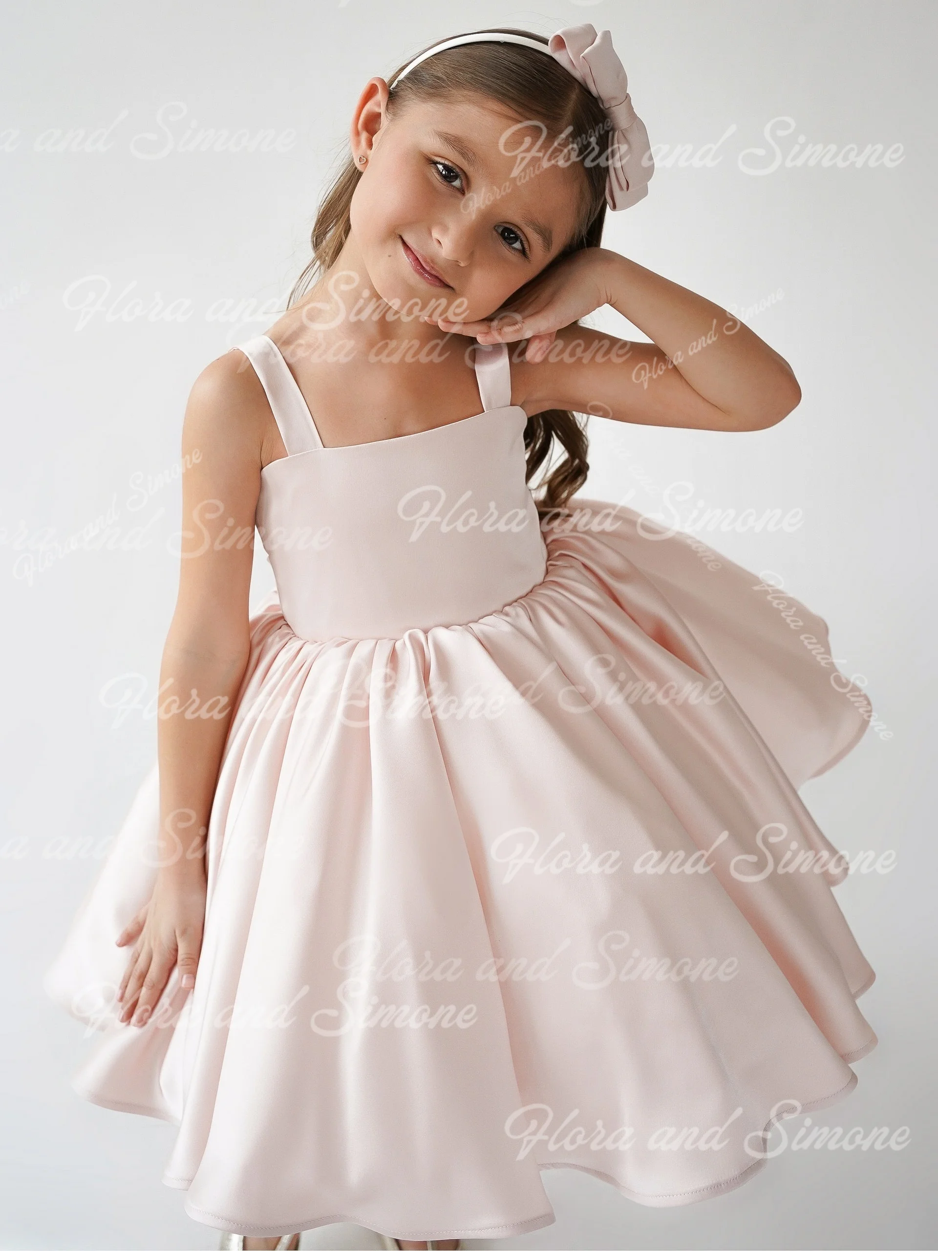 

Милое атласное пышное платье для малышей, атласное румяновое платье с цветочным узором для девочек, детское рождественское платье с бантиками и жемчугом длиной до колена для девочек