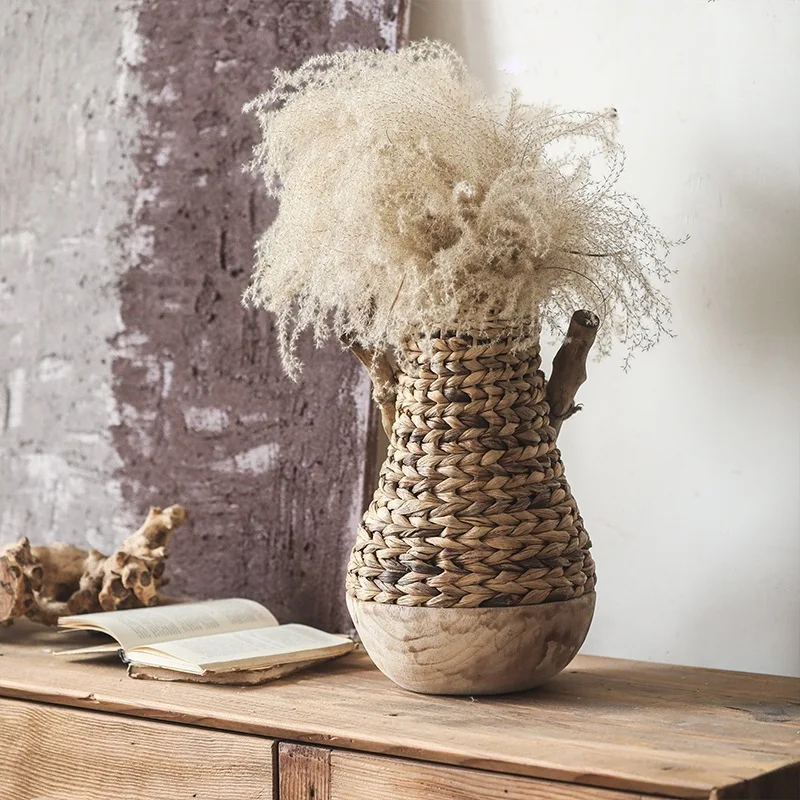 Solid wood base big belly straw vase, wall hanging flower basket design sense homestay decoration