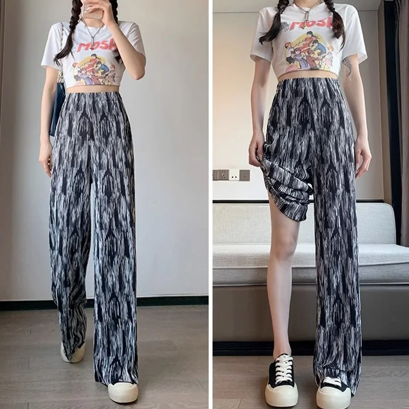 Lady Ice Silk Tie Dyed Gradient Color Wide Leg Pants Personalized Fashion Summer High Waisted Pit Strip Loose Drape Mop Trousers