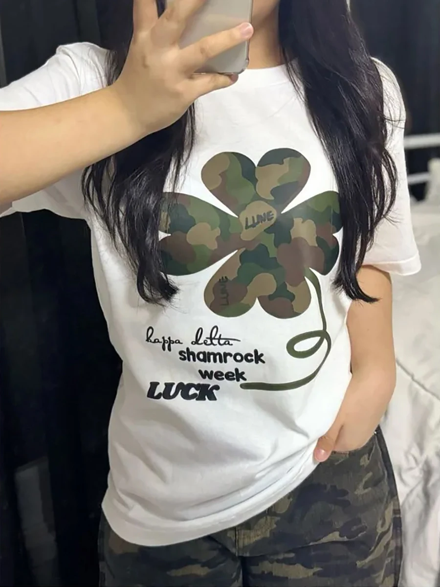 Y2K Eight-Leaf Clover Letter Print Short-Sleeved T-Shirt Women'S Summer New Fashion Loose Round Neck Versatile Design White Top