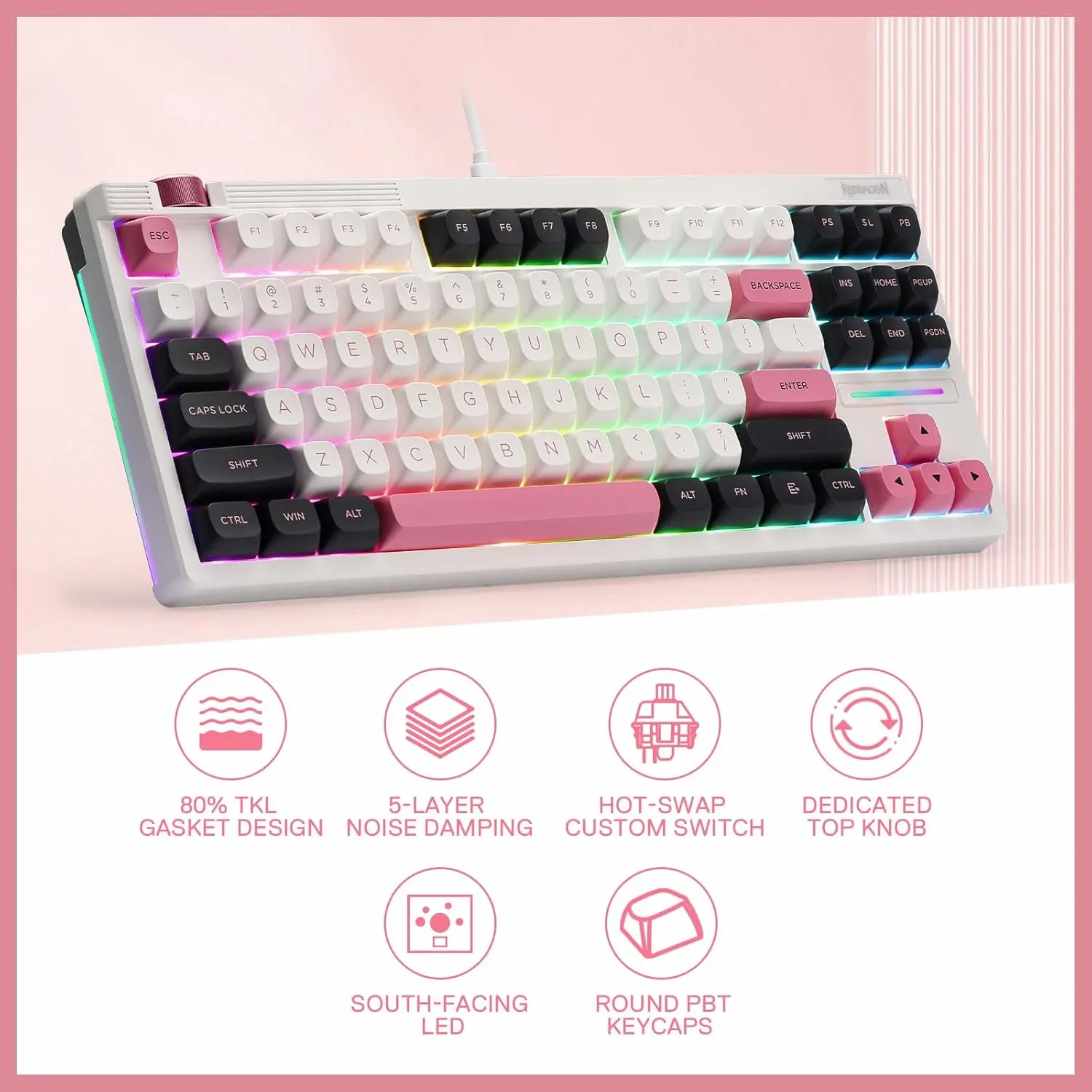 Redragon K729 80% Wired Gasket RGB Gaming 87 Keys TKL Mechanical Hot-Swap South-Facing Socket & 5-Layer Dampener Keyboard