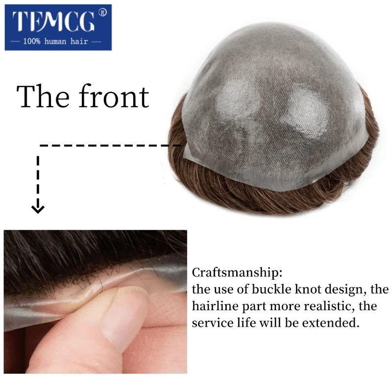 Men's capillary prosthesis With Knot 0.1mm Pu Base  Men Toupee Remy Indian Hair Replacement System 100% Natural Human Hairpieces