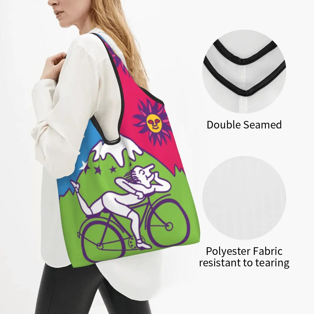 Custom Albert Hofmann LSD Bicycles Day Grocery Shopping Bag Funny Shopper Shoulder Tote Bag Portable Acid Blotter Party Handbag