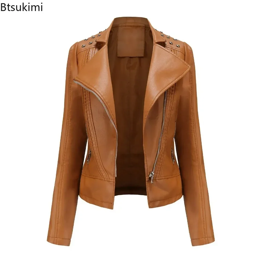 2025 Women's  Rivet Leather Jacket Spring Autumn Retro Turndown Collar Slim Casual Ladies Faux Soft Leather Moto Biker Outerwear
