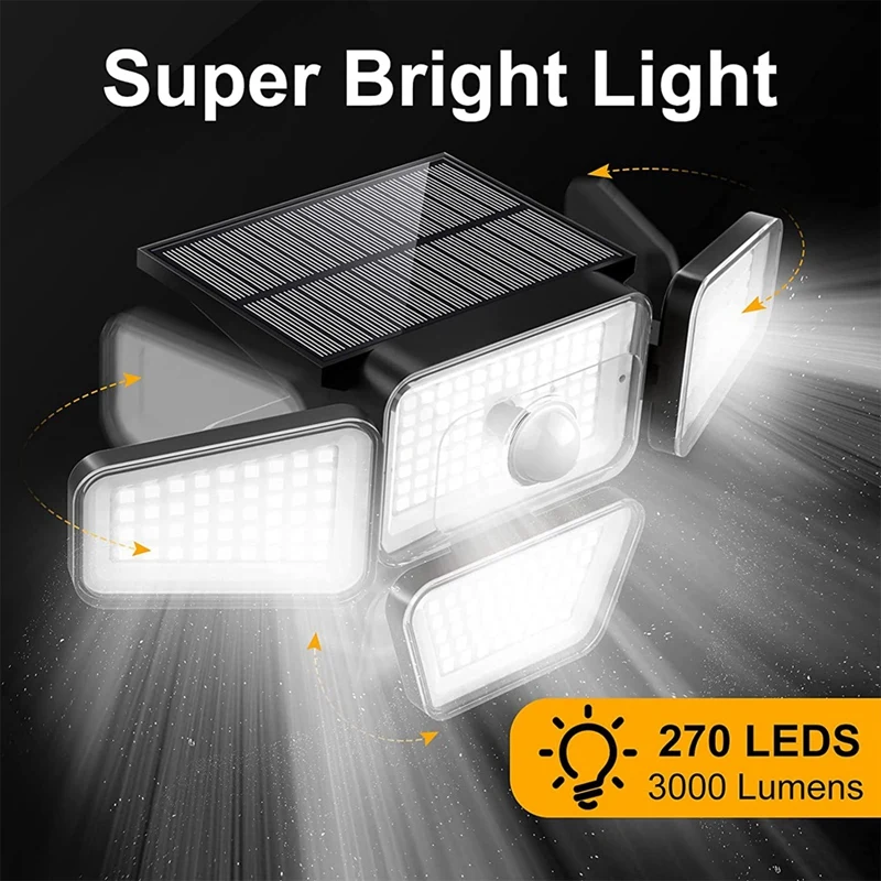 Hot Solar Lights Outdoor, 270 LED 3000LM Motion Sensor Light, IP65 Waterproof 4 Heads 3 Modes Wide Angle 6500K (2 Pack)