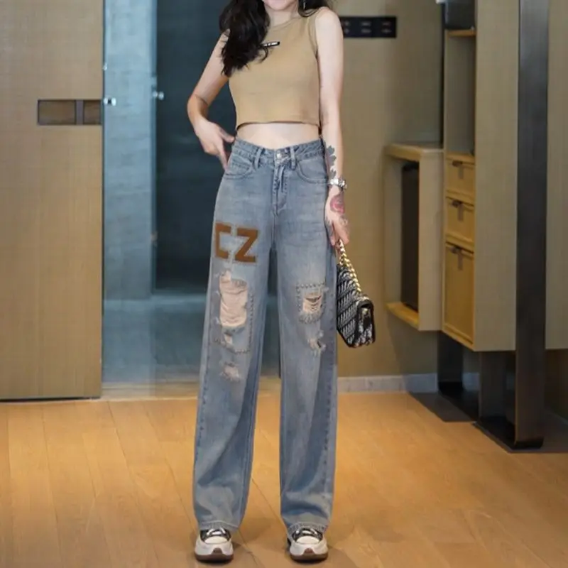Retro Ripped Wide-leg Jeans Women's Summer Heavy Industry Hot Beads Loose Straight Denim Pants Ladies Hole Jeans Trousers