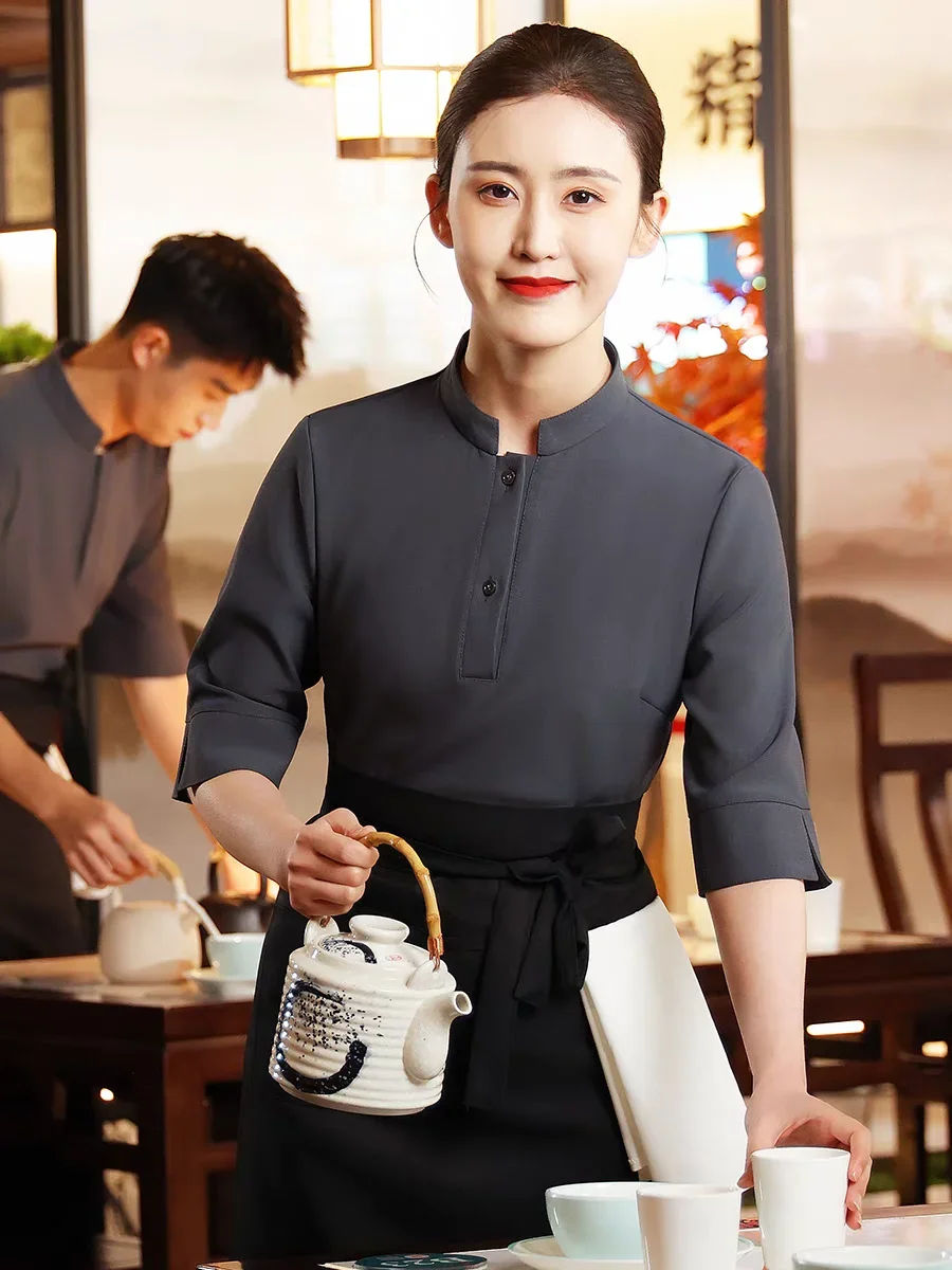 2024 Chinese Restaurant Waiter Work Clothes Hotel Barbecue Shop Staff Uniform and Apron Set Waitress Workwear Empolyee