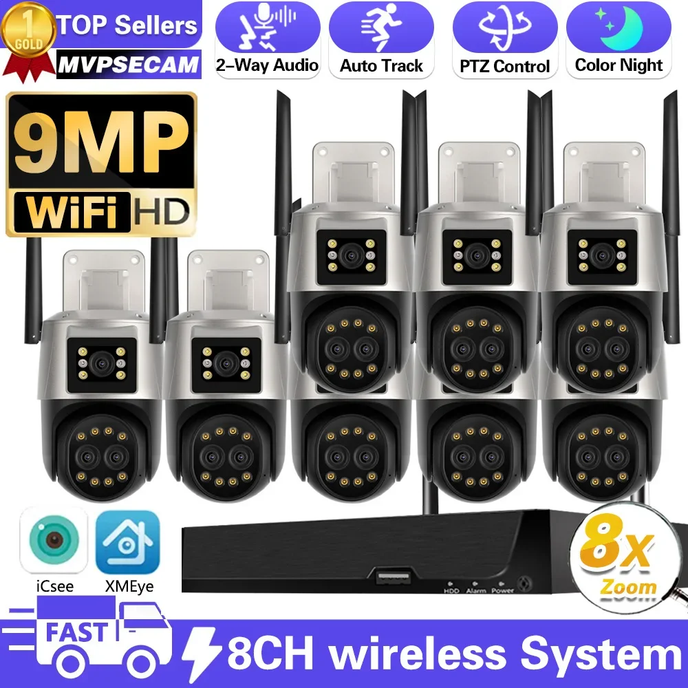 

8CH WIFI NVR Kit Smart Home PTZ Wi-Fi Cameras 3-Lens 9MP 8X Zoom Outdoor Wireless Video Surveillance Security CCTV System ICSEE