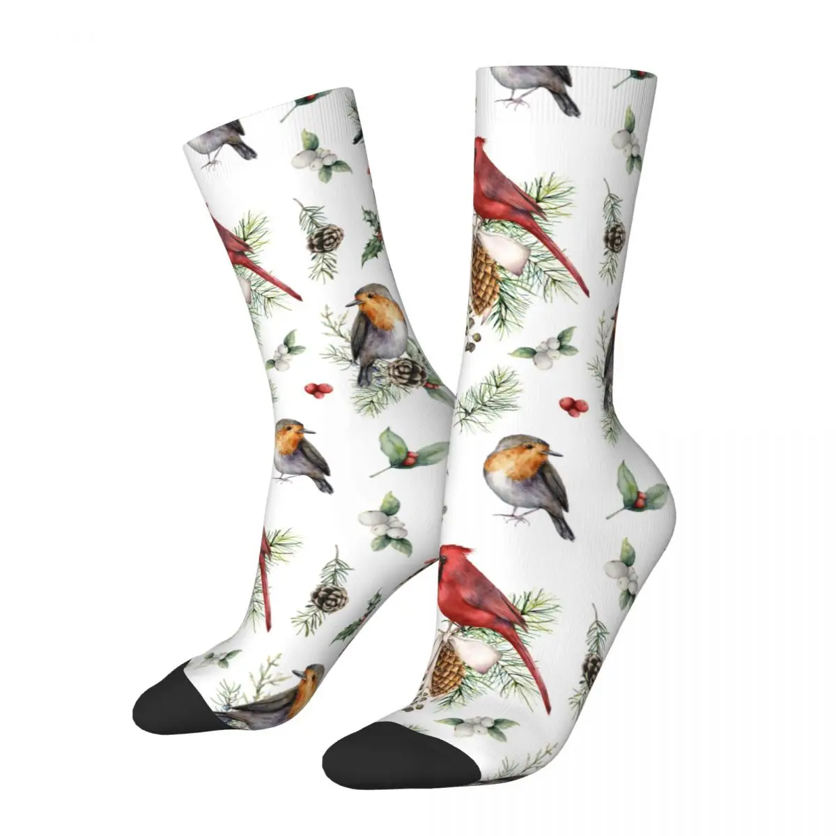 Winter Warm Fashion Men's Women's Watercolor Christmas Birds And Plants Socks Hand Painted Bullfinch Breathable Basketball Socks