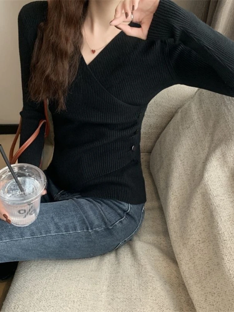 Suéter de primavera y otoño para mujer, jerséis de punto acanalado con cuello en V, manga larga, Top con botones, jersey liso, ropa básica para adolescente