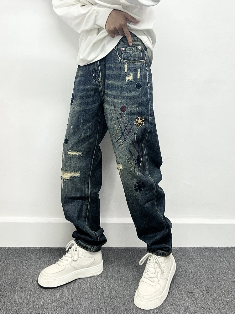 

American Sle Casual Loose Men's Jeans with Embroidered Patch And Hole Spring Autumn New Faion Brand Leisure Pants