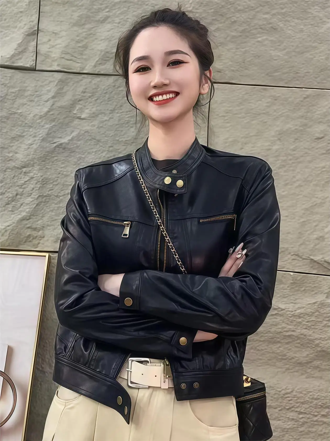 

Fashionable Short PU Leather Biker Jacket Women's Spring Autumn Casual Stylish Zipper Stand Collar All-Match Small Leather Coat