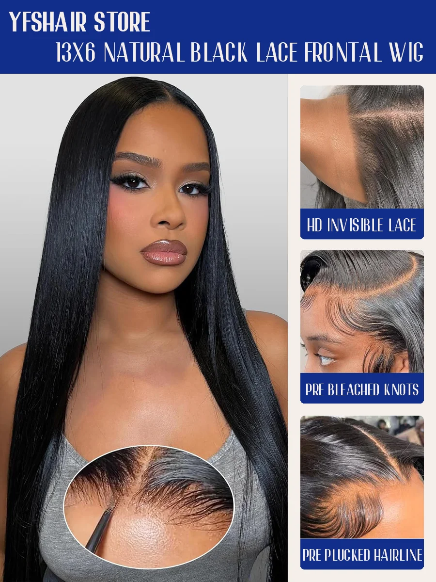 Peruca Frontal de Renda HD Transparente 360 5x5 13x6 13x4, Cabelo Humano Brasileiro Preto 1B, Liso Extremo, 40 Polegadas de Comprimento, 200% Alta Densidade, Pré-arrancada, Cor Natural, Para Mulheres