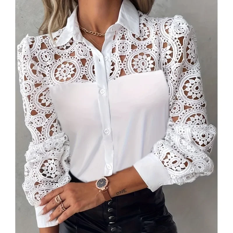 Shirts Elegant Office Ladies White Collared Lace Patchwork Hollow Out Button Up Womens Tops And Blouses 2024 Fashion New Blouse