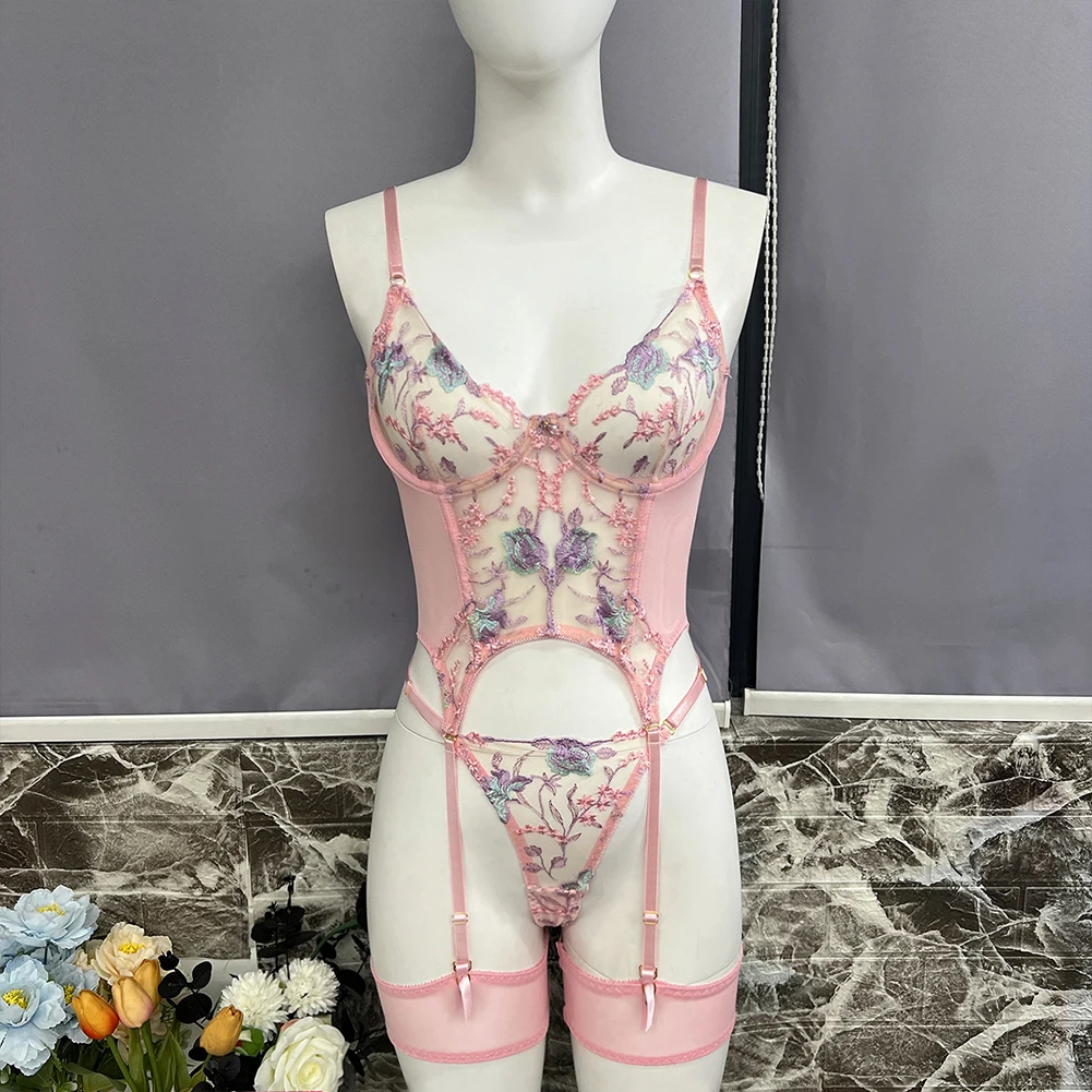 

Sexy Women Erotic Lingerie Suit Sheer Gauze Transparent Nightwear Floral Lace Embroidery Bodysuit Thongs Garter Belts Sets