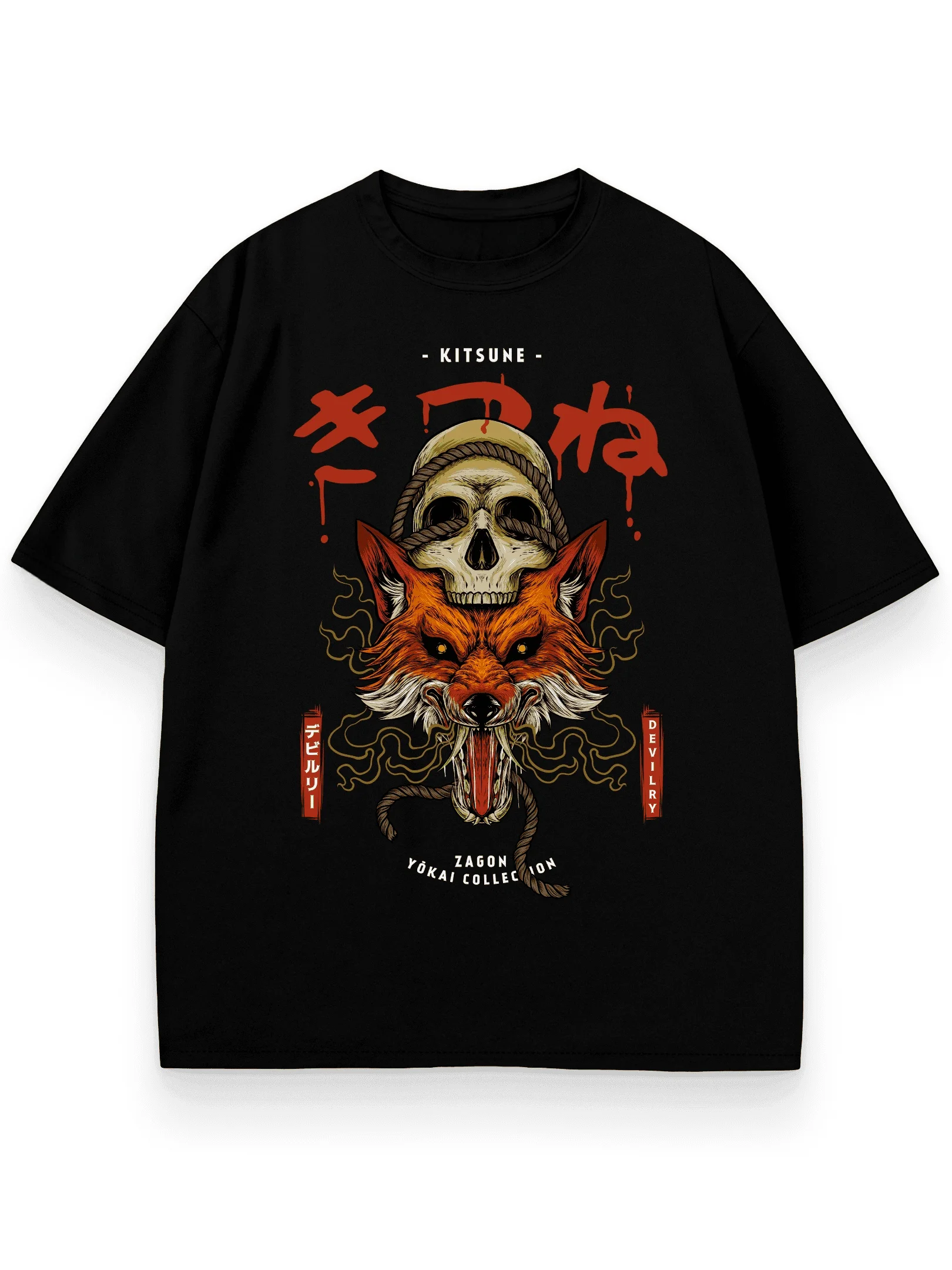 

Kitsune Yokai Graphic Tee,Japanese Streetwear,Fantasy Creature,Gothic,Harajuku,Oversized Fit,Premium Cotton,Top Quality