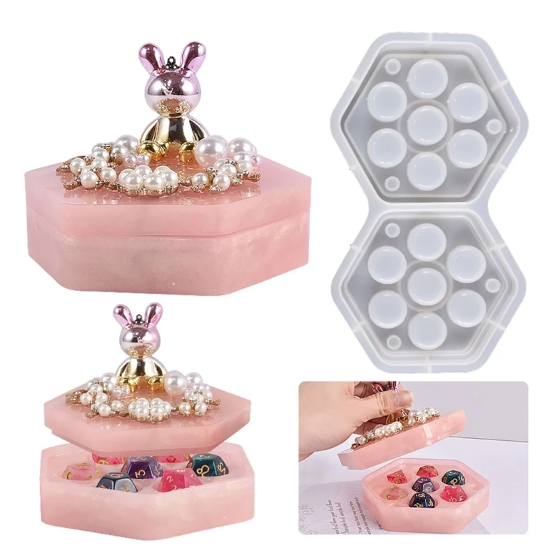 DIY Hexagonal Jewelry Storage Box Crystal Epoxy Resin Mold Board Game Dice Seven-piece Storage Case Dice Holder Silicone Mold