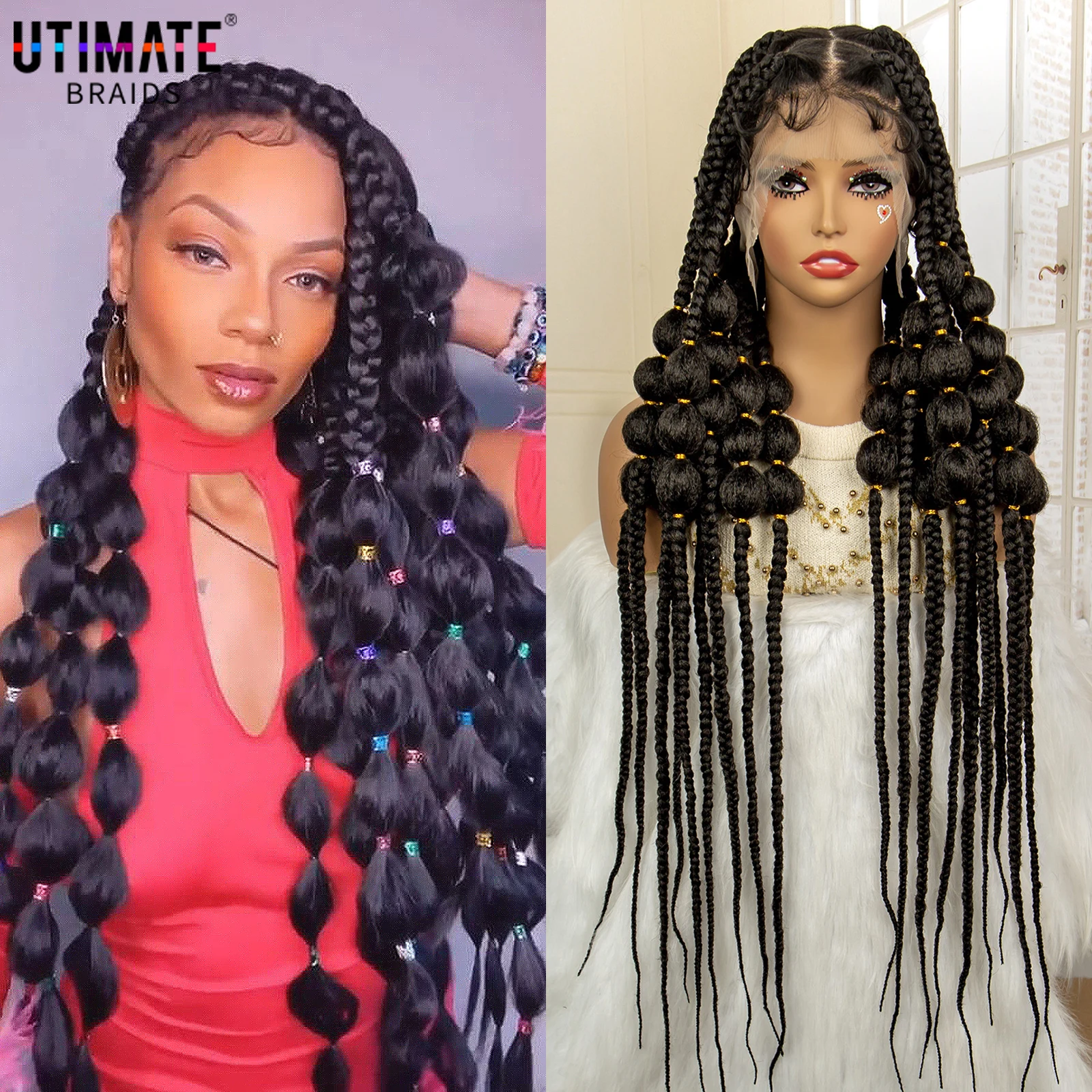 

Afro Full Lace Bantu Braided Wigs Synthetic Knotless Box Braids Wis for African Black Women 40 Inches Lace Frontal Braiding Wigs