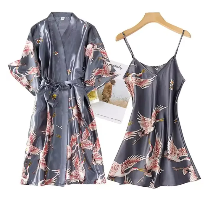 Burgundy Women 2PCS Faux Silk Kimono Robe Gown Sets Sexy Print Crane Nightdress &Bathrobe Lingerie Nightgown Summer Sleepwear