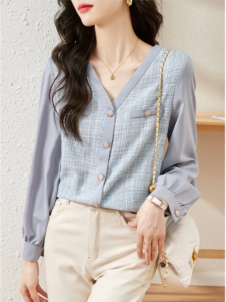 

2025 New Spring French Style V-neck Long Sleeve Shirt Women's Slim Tweed Spliced Maturity Lightweight Elegant Top Ladies Shirt