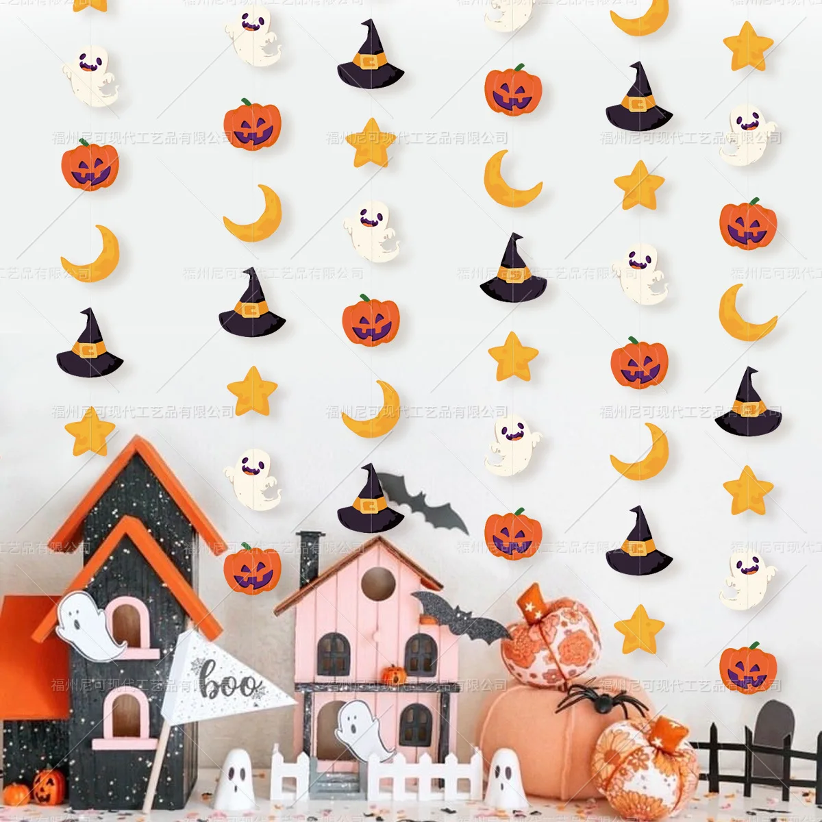 2m Halloween Paper Banner Cartoon Bat Pumpkin Witch Hat Castle Garland Ghost Festival Wall Hanging pendenti Happy Halloween Day